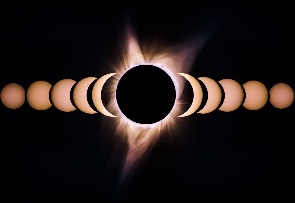 The phases of a eclipse all superimposed in a line.