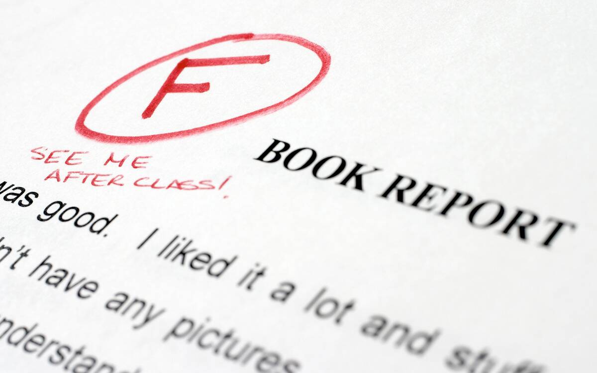 A book report graded with an F, paired with a note that says 'see me after class!'