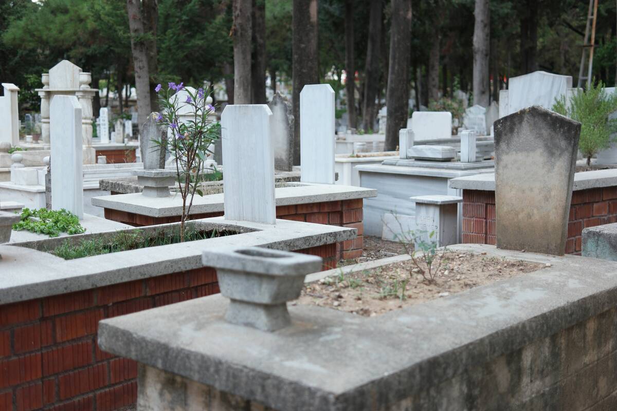 Islamic graveyard at Turkey. Graves with tombstones at Muslim cemetery.