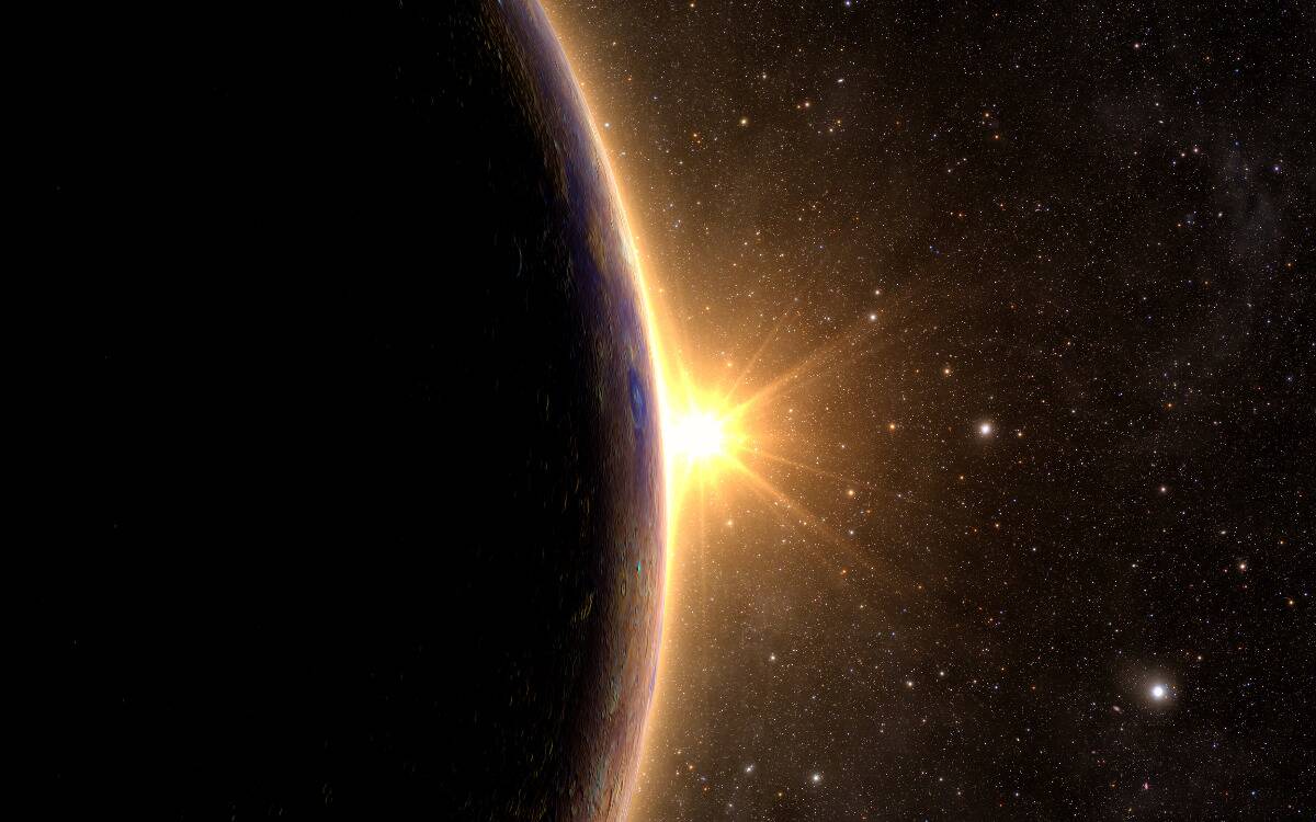 A render of planet Mercury in space being silhouetted by the rising sun.