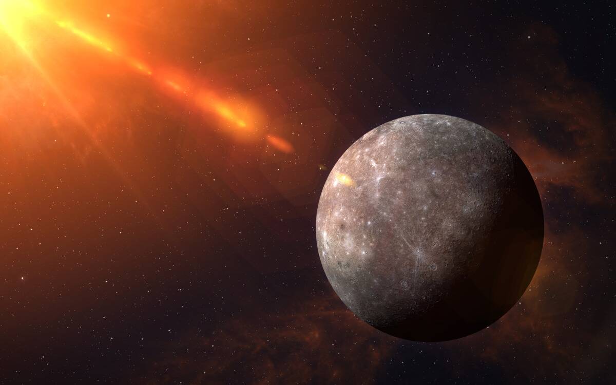 A render of planet Mercury in space with a light flare in the top left.