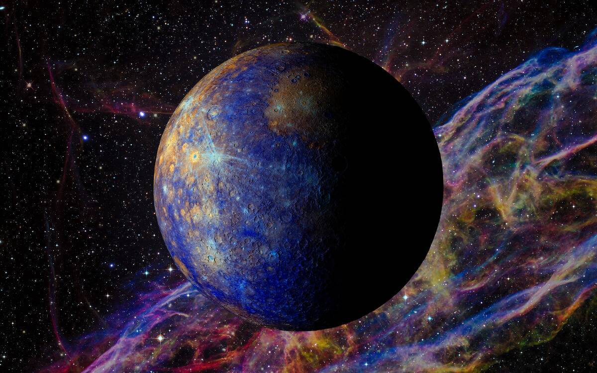 A render of planet Mercury in space with swirling colors behind it.