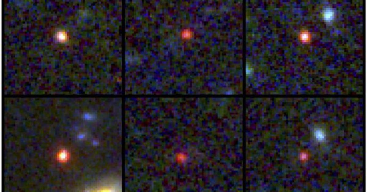 Photos from the JSWT of the 6 new galaxies discovered, each red dot representing a galaxy.