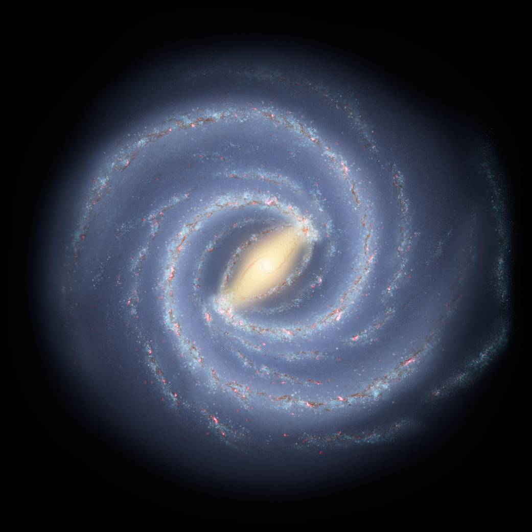 An artist render of the Milky Way as seen from a distant outside perspective.