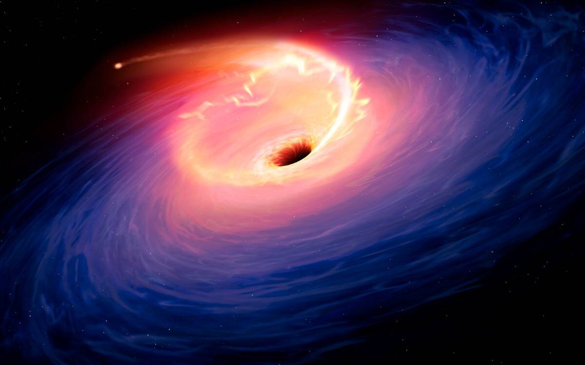 A 3d render of a black hole, orange swirling near its center and purples along the outside.
