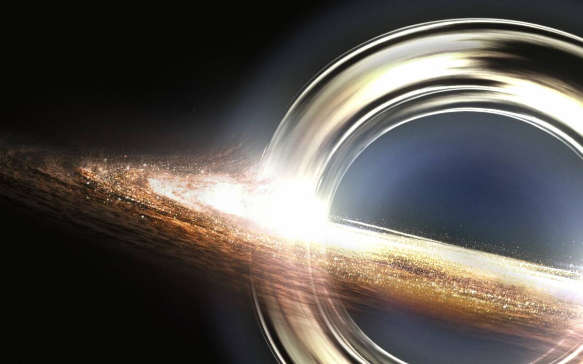 A render of golden rings surrounding a black hole that's consuming stars.