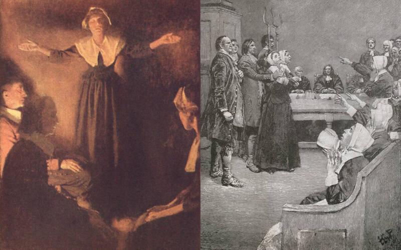 Two illustrations depicting supposed scenes from the Salem witch trials.