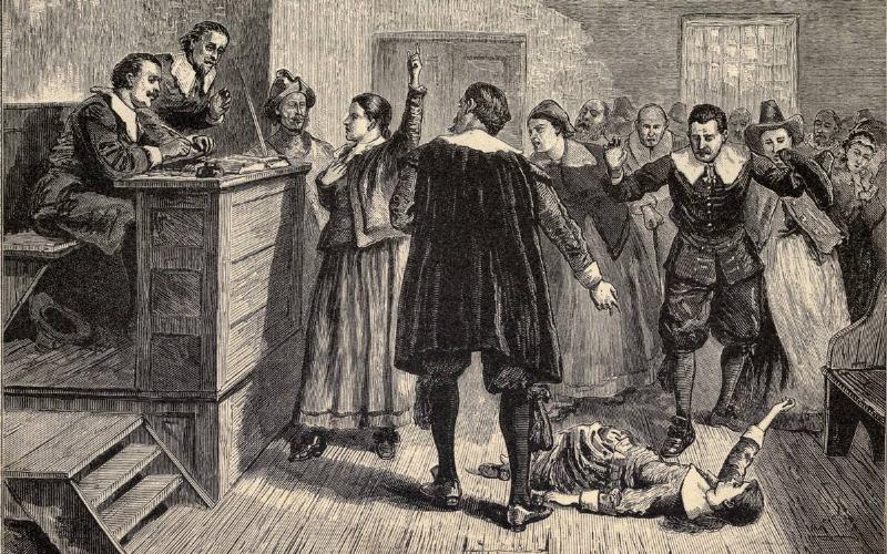 An illustration depicting a courtroom scene from the Salem witch trials.