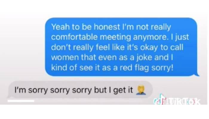 Molly texts her date back and says that after the language he used she's not comfortable meeting him anymore and sees it as a red flag.