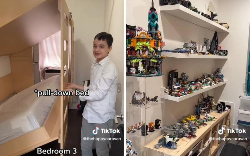Two screenshots from Amber's TikTok, the younger boy's bedroom on the left and the Lego room on the right.