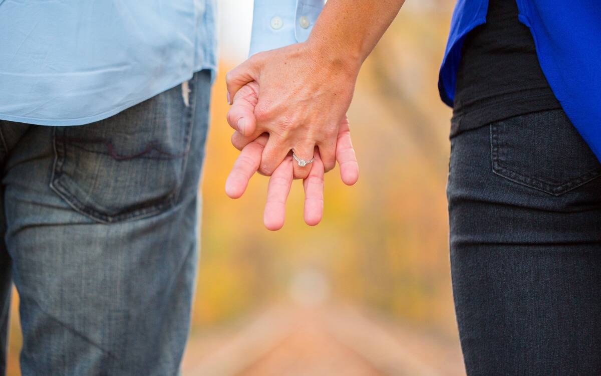 A closeup of a couple holding hands, displaying the wedding ring on one of the hand's ring finger.
