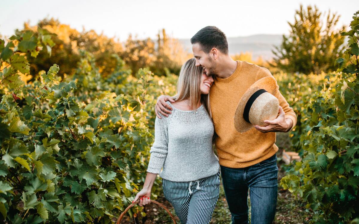 A couple walking closely through a vineyard, the woman holding a basket and leaning against the man's shoulder while the man has an arm around her.