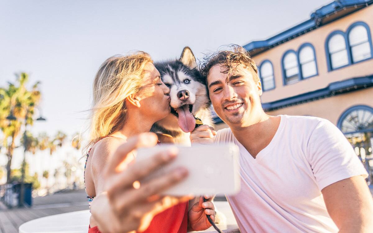 A couple taking a selfie with their dog, a large huskie, between them, the woman turning to kiss the side of the dog's head.