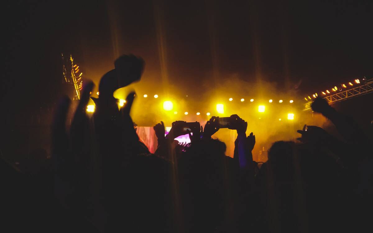 The silhouette of hands raised at a concert.