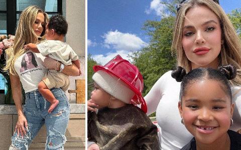 Two images of Khloe with her kids, holding Tatum on the left and holding both Tatum and True on the right.