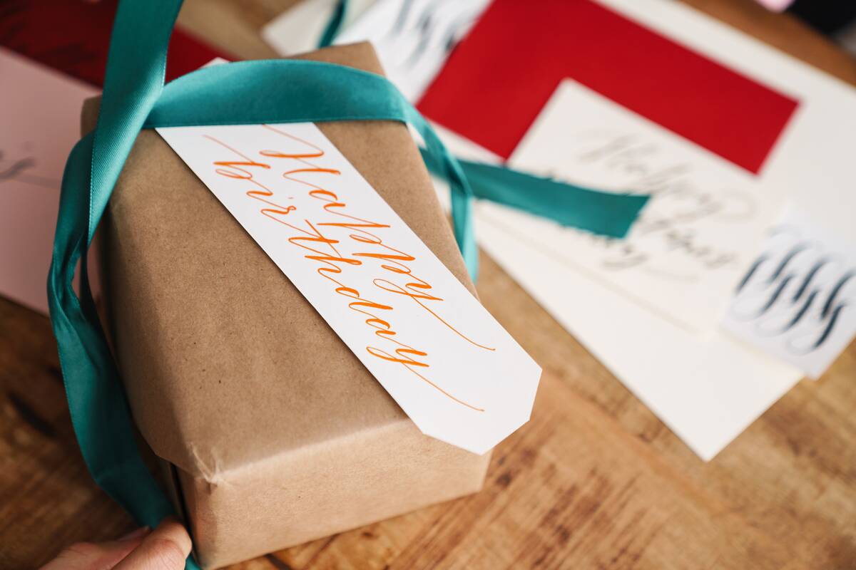 A wrapped birthday present with a tag that reads 'happy birthday' in calligraphy.