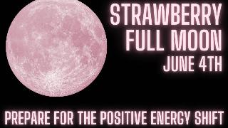 A pink moon against a black background with glowing text that reads, 
