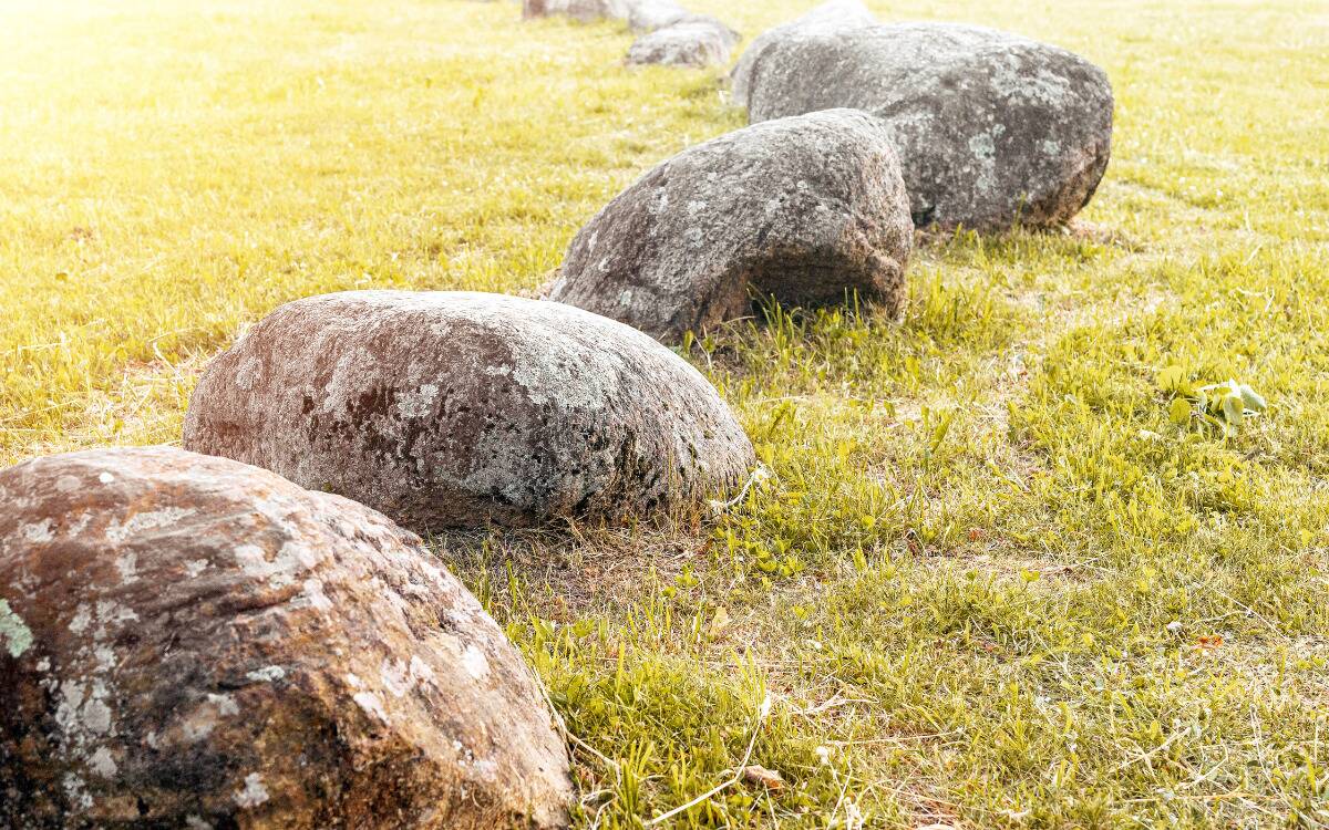 Large stones resting in a line in the grass.