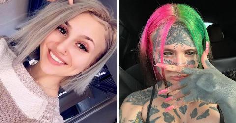 Two photos of Milligan, one before all her bodymods and one after.