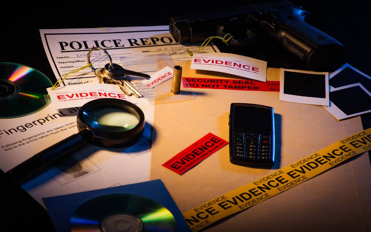 A table full of investigative, forensic tools and 'evidence' stickers.