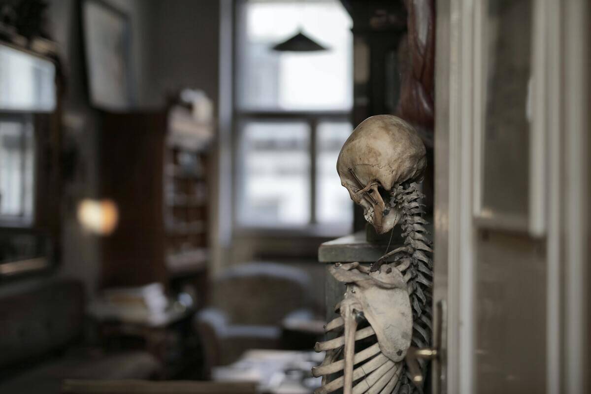 A weathered skeleton propped up against a door, facing away.