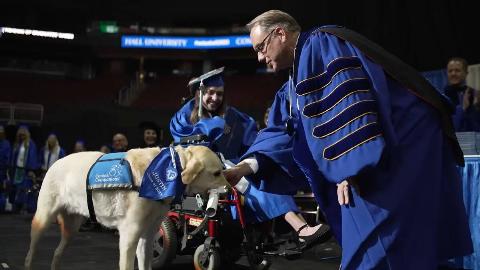 Justin the service dog on stage receiving his diploma.