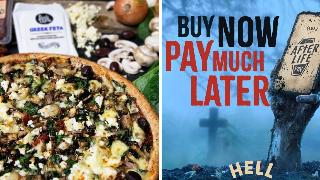 A photo of a pizza from Hell Pizza next to an add for AfterLife Pay.