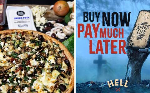 A photo of a pizza from Hell Pizza next to an add for AfterLife Pay.