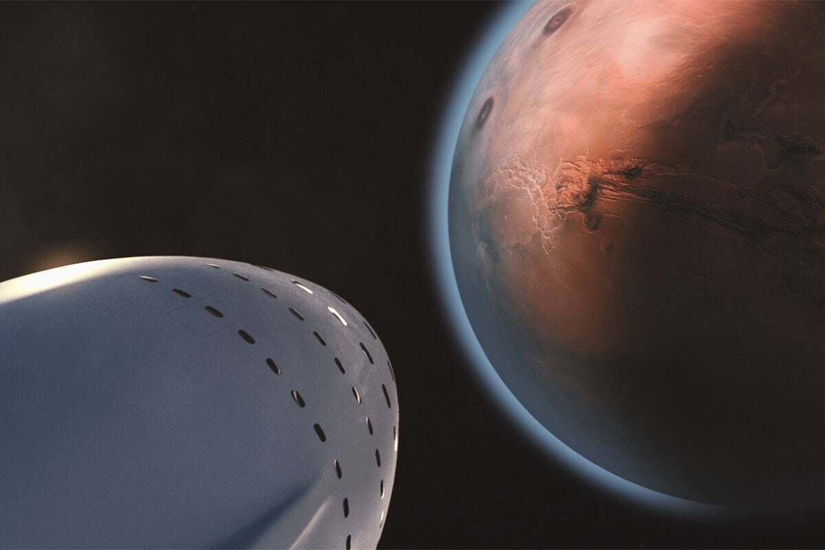 A render of a rocket approaching mars.