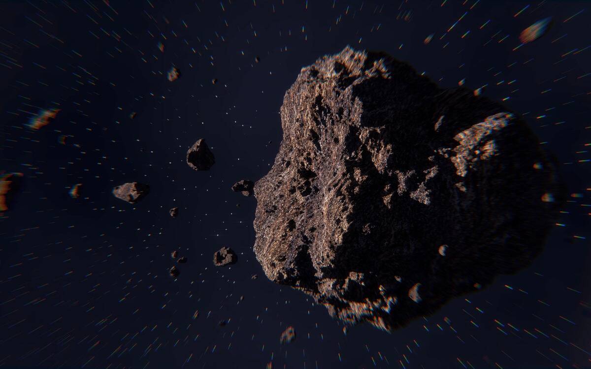 A render of an asteroid zooming through space.