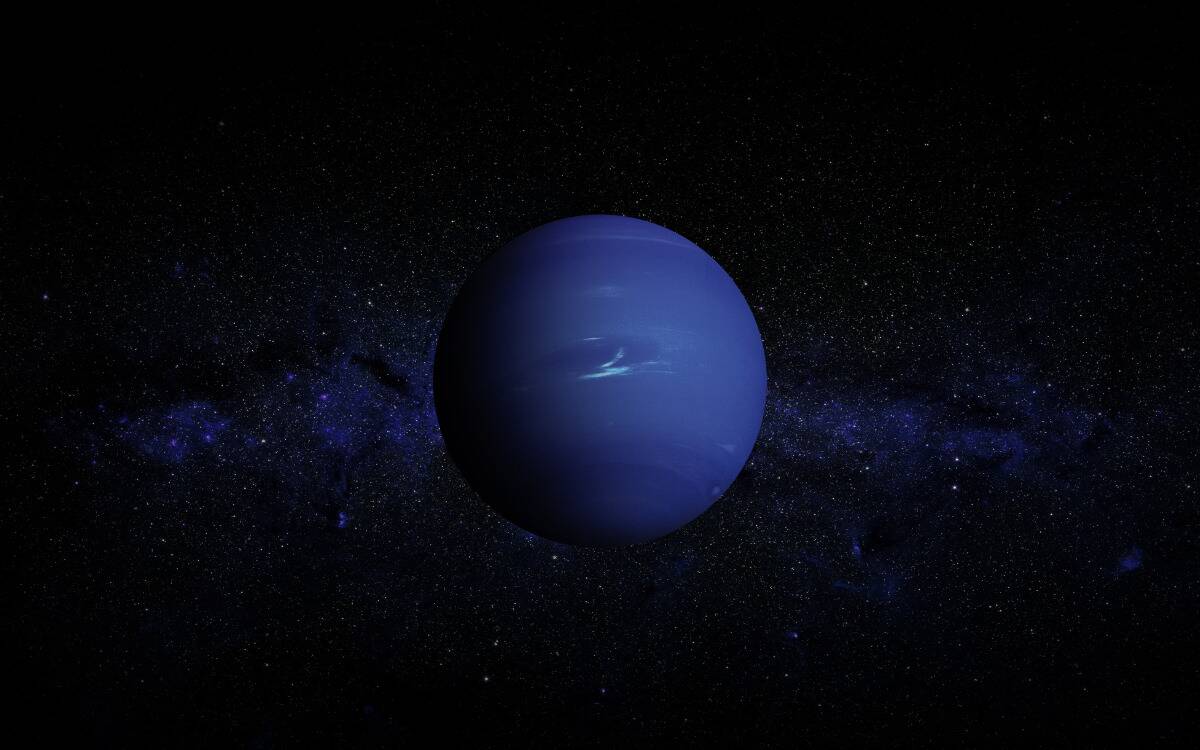 A render of Neptune against a colorful starry background.