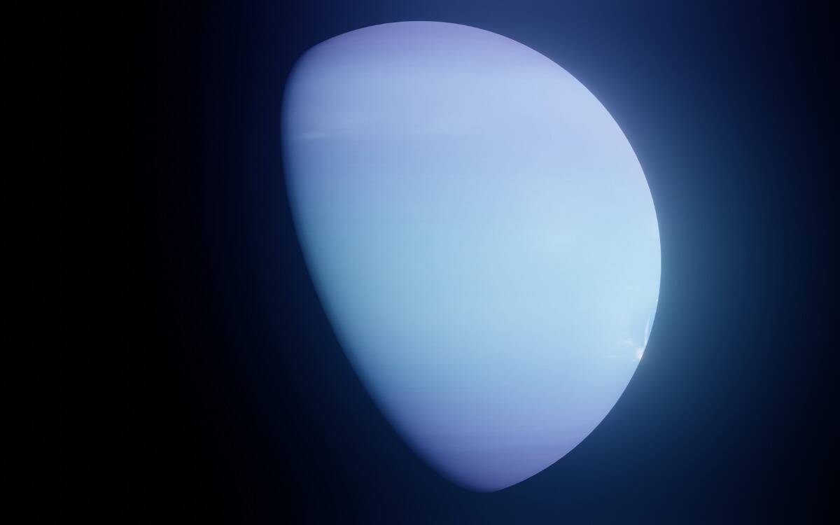 A render of Neptune, heavily shadowed on the left side.
