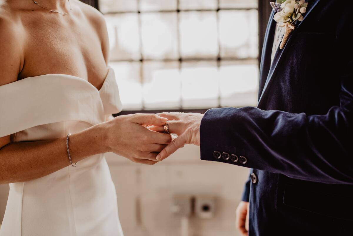 A bride putting a wedding band on her groom's finger.