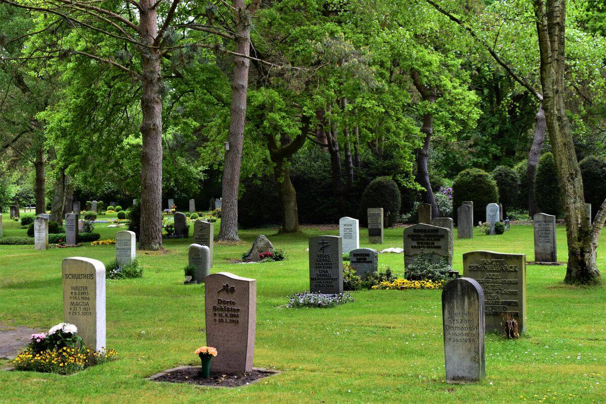 A wide shot of a cemetery.