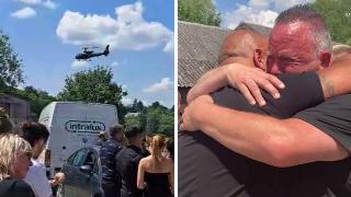 Two stills from the tiktok showing Bearten's arrival at his funeral.