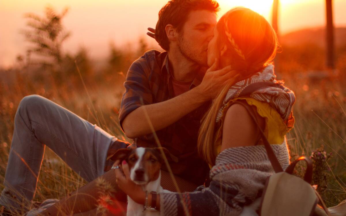 A young couple kissing as they sit in a grassy field, the sun setting behind them.