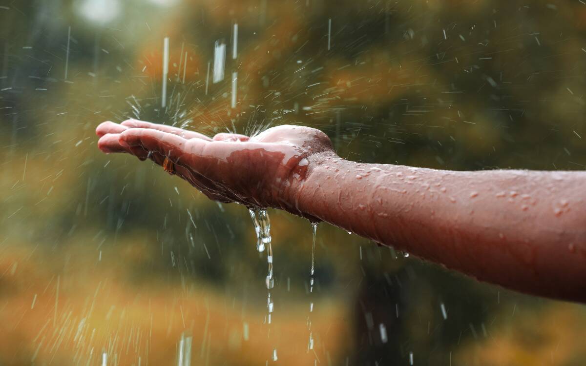 A hand reaching out to catch the rain.