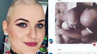 Toni Standen with her head shaved. | A screenshot of a text conversation with Toni, where she shoed an image of her crying with her husband hugging her, the caption reading, 