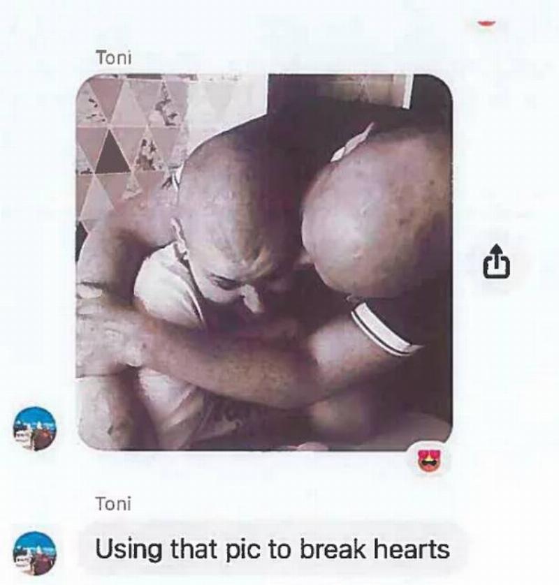 A screenshot of a text conversation with Toni, where she shoed an image of her crying with her husband hugging her, the caption reading, 