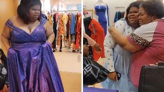 Elyse in her third dress, a shimmery purple gown with off-shoulder sleeves. She and her family loved it. | Elyse and her mom hugging after Summer told them their dress was free.