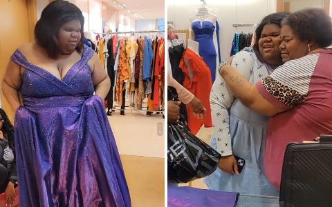 Elyse in her third dress, a shimmery purple gown with off-shoulder sleeves. She and her family loved it. | Elyse and her mom hugging after Summer told them their dress was free.