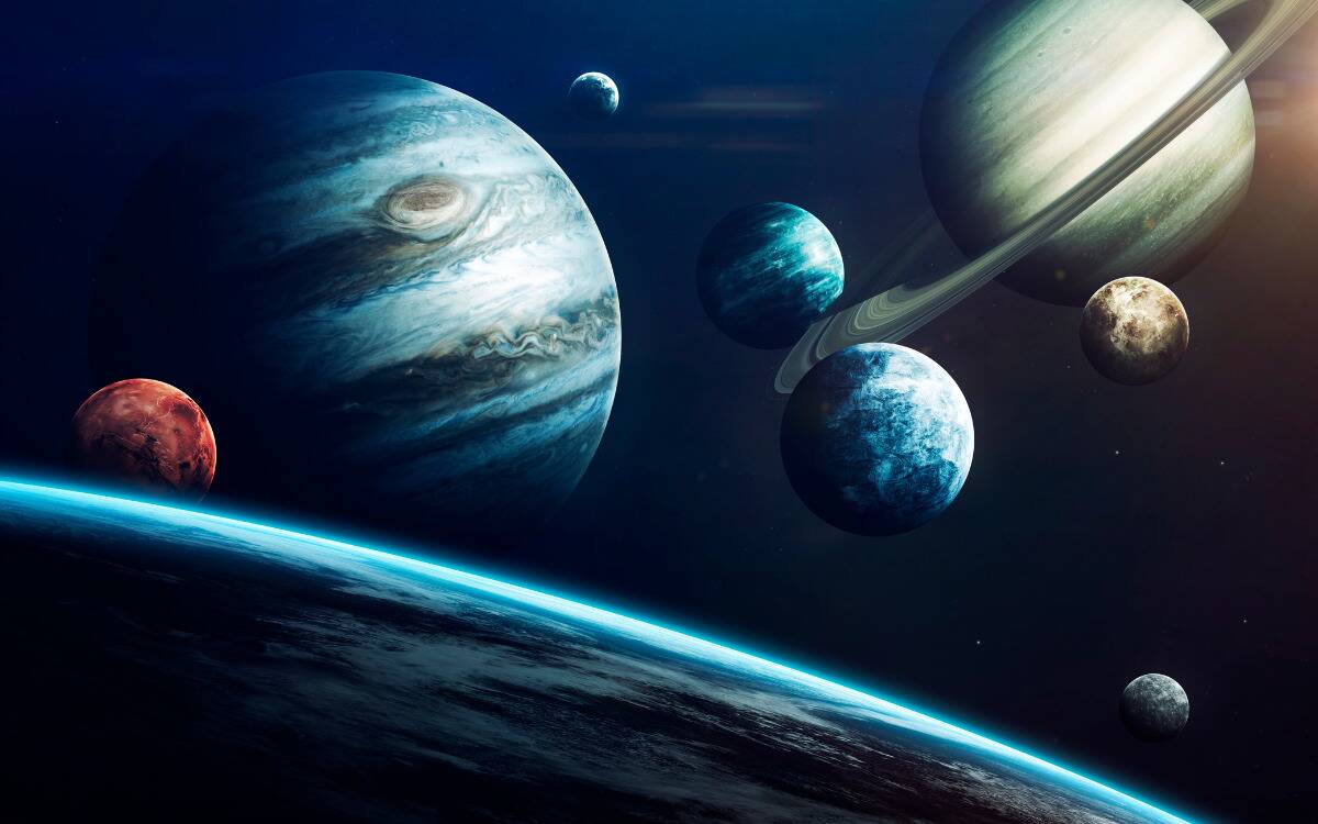 A render of our solar system's planets all in a cluster.