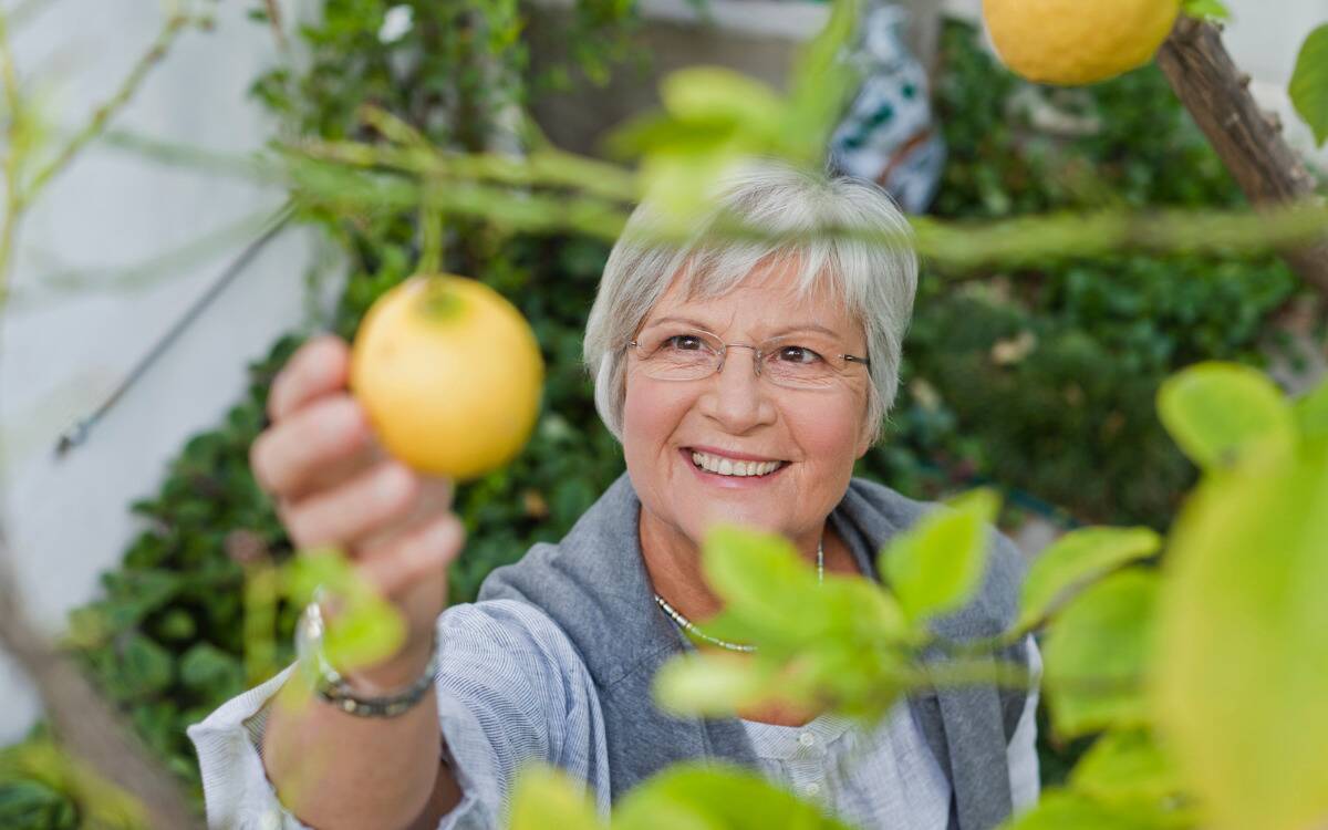 A woman smiling as she reaches up to pick a lemon off her lemon tree.