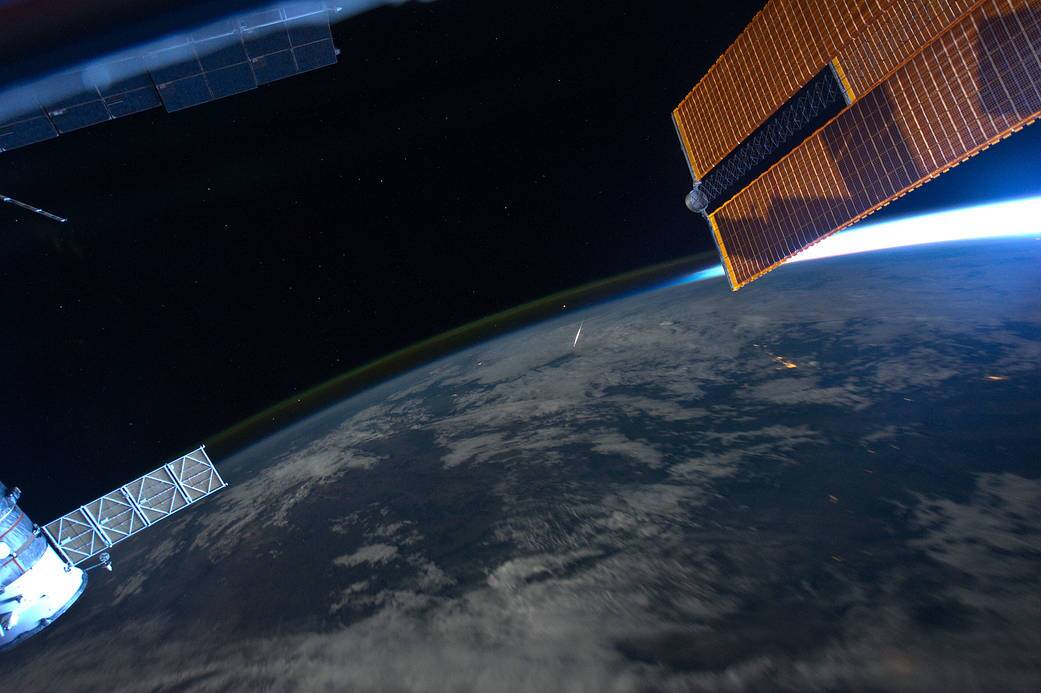 A Perseid meteor shower metero trail visible from the ISS.