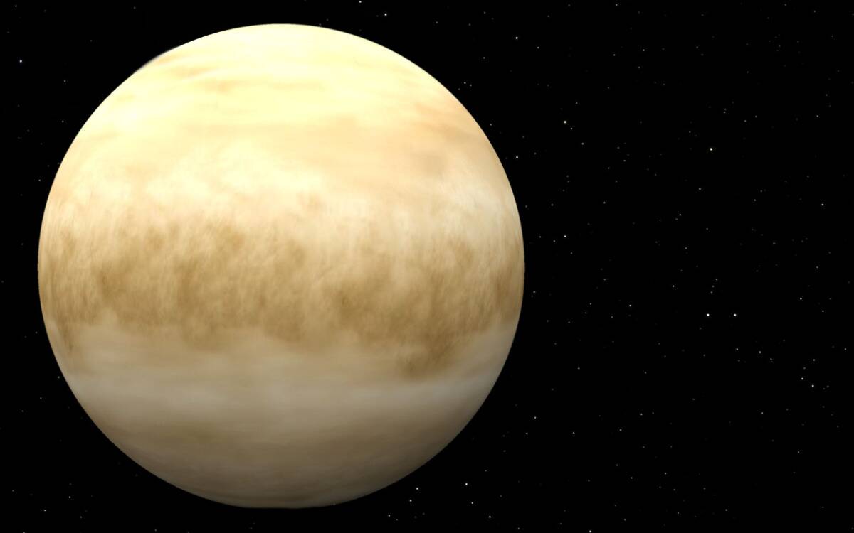 A render of Venus, large in the starry sky.