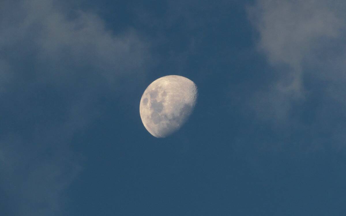 A waxing gibbous moon centered against a dark blue sky.
