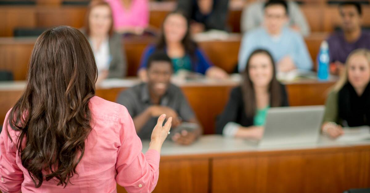 An over the shoulder shot of a teacher conducting a class.