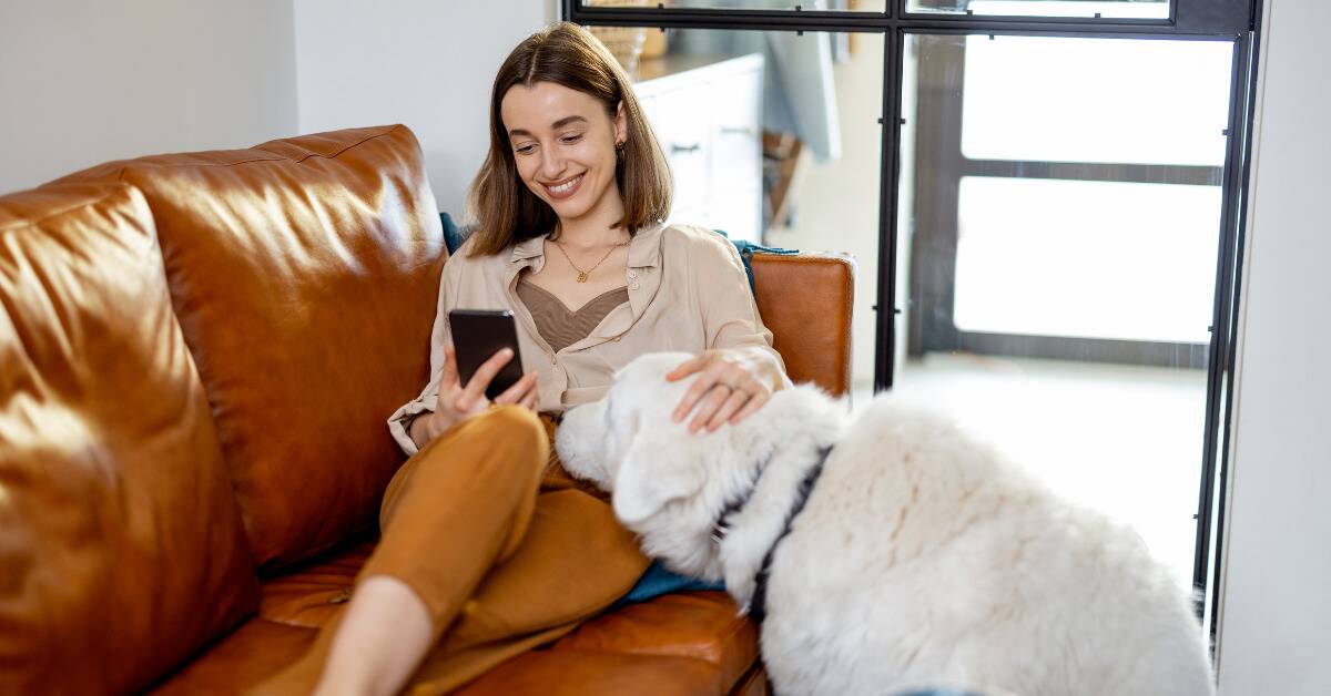 A woman looking at her phone while sitting on the couch, smiling, her large white dog resting its head in her lap.