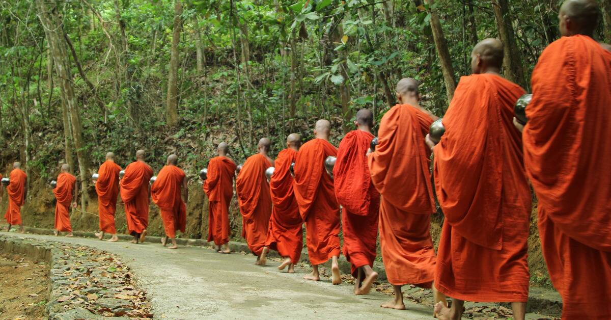 A row of monks walking along a paved trail.