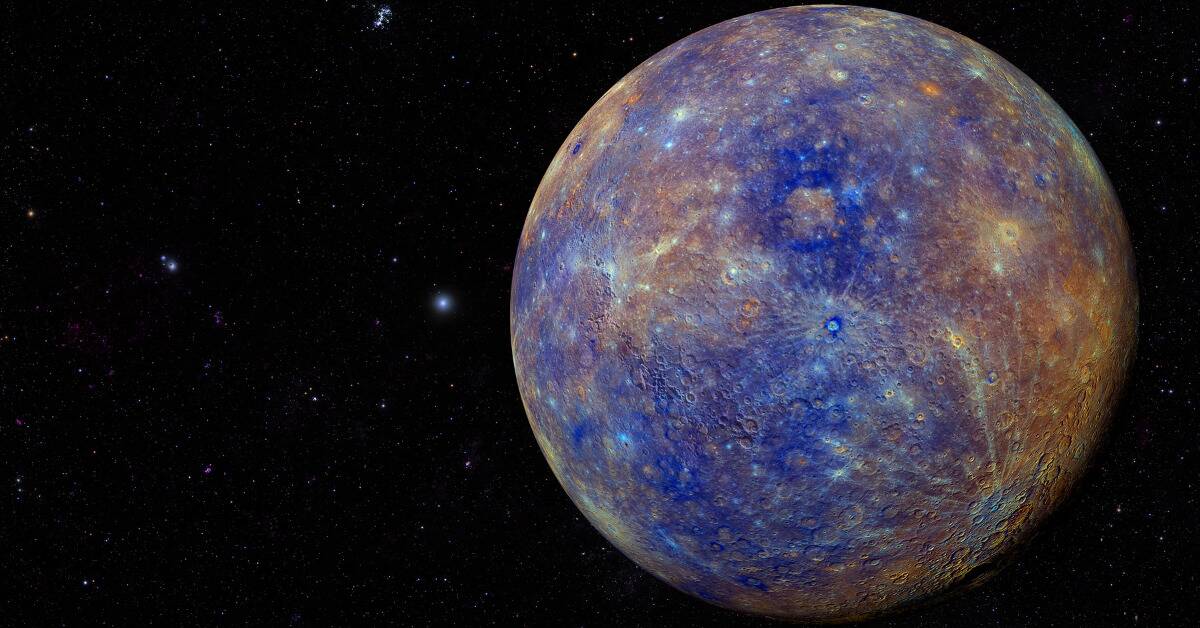 A render of a blue-tinged Mercury in space.